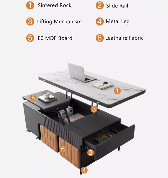 Modern Lifting Tabletop Coffee Table with 4 Stools