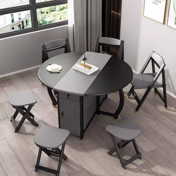 Black Grey Double Drop Leaf Round Dining Table with 4 Chairs