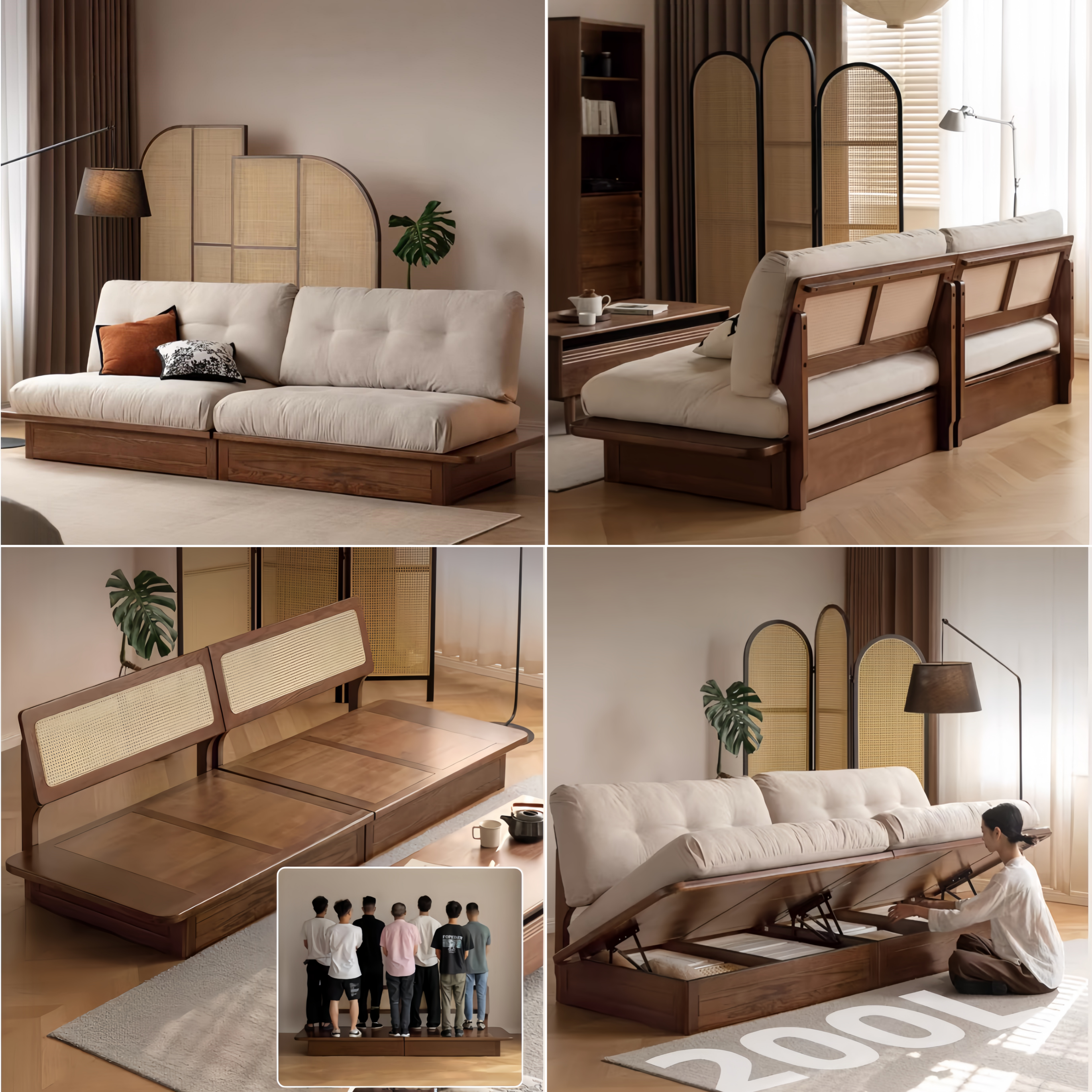 Japandi Solid Oak Wood Frame Sofa with Large Under-Seat Storage – EMERIT