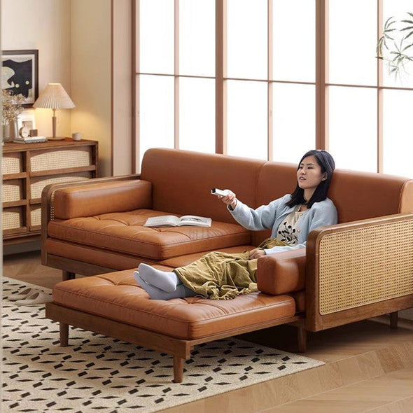 Leathaire Sofa Bed With Rattan Weaving Wooden Frame