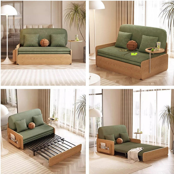 Japandi Log Style Pull Out Corduroy Fabric Sofa Bed with Rotating Armrest Tray and Storage