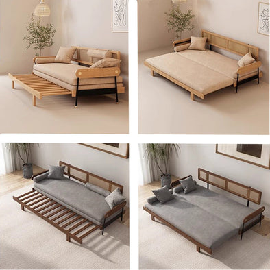 Japandi Solid Wood Minimalism Rattan Back Support Sofa Bed