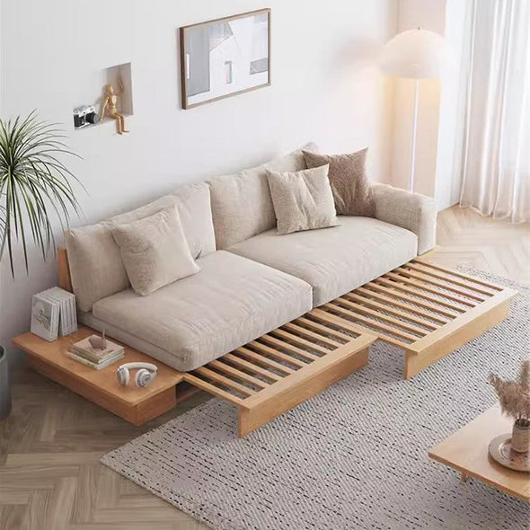 Japandi Solid Wood Sofa Bed with Liftable Armrest Storage Box