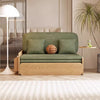 Japandi Log Style Pull Out Corduroy Fabric Sofa Bed with Rotating Armrest Tray and Storage