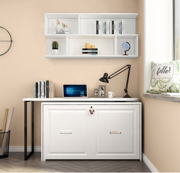 space saving table with book shelf and folding bed