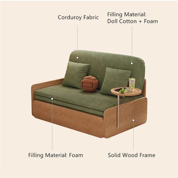 Japandi Log Style Pull Out Corduroy Fabric Sofa Bed with Rotating Armrest Tray and Storage