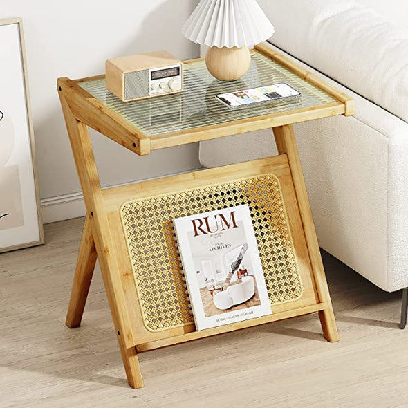 Bamboo Rattan End Table with Storage