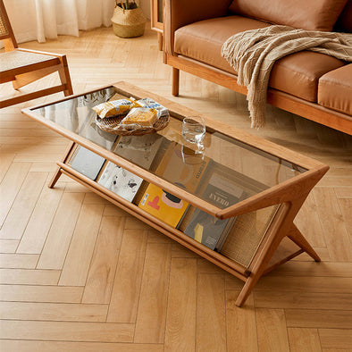 Solid Wood Rectangular Coffee Table with Tawny Tempered Glass Top and Storage