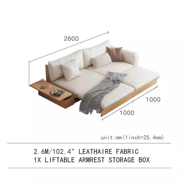 Japandi Solid Wood Sofa Bed with Liftable Armrest Storage Box