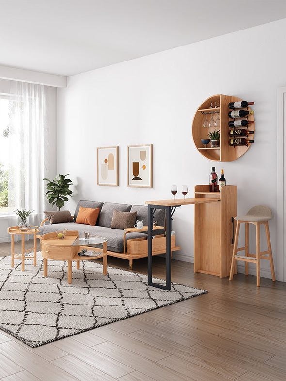 Folding Retractable Wine Bar Table With WALL Mounted Round Wine Shelf(no chairs)