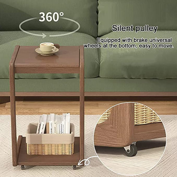 Solid Wood C-Shape Adjustable Flip End Table with Lockable Wheels