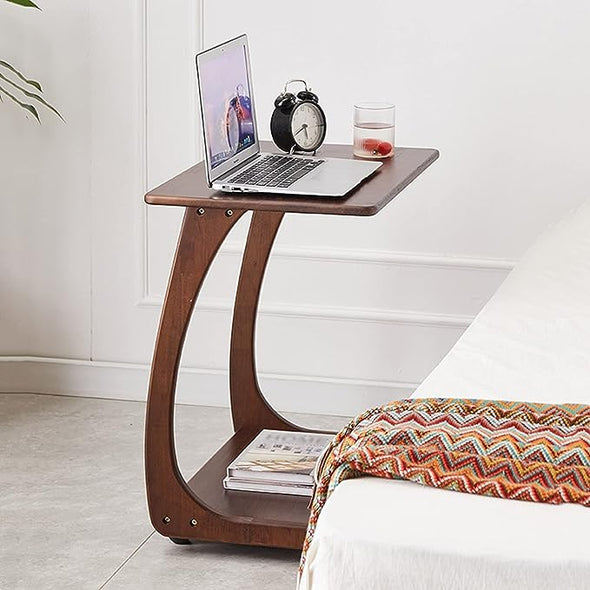 Solid Wood C-Shaped End Table with Rolling Wheels