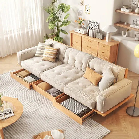 Japandi Solid Wood Frame Corduroy Fabric Sofa With Underneath Storage Drawers