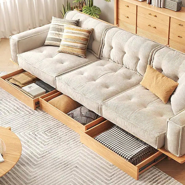 Japandi Solid Wood Frame Corduroy Fabric Sofa With Underneath Storage Drawers