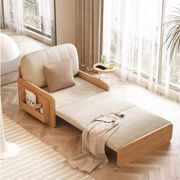 Japandi  Log Style Pull Out Sofa Bed with Rotating Armrest Tray and Storage