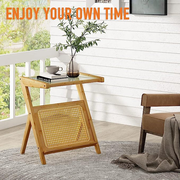 Bamboo Rattan End Table with Storage