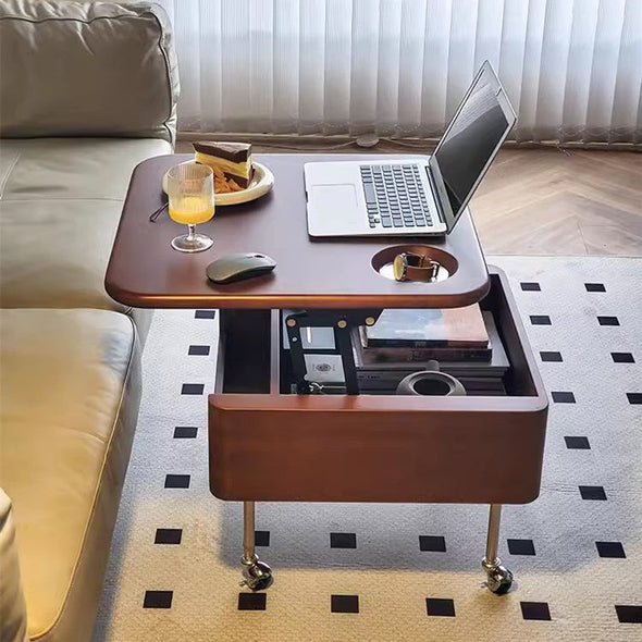 Liftable Solid Wood Coffee Table with Storage and Universal Wheels