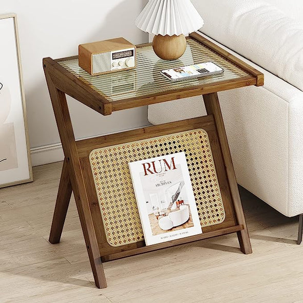 Bamboo Rattan End Table with Storage