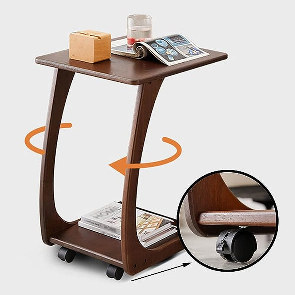 Solid Wood C-Shaped End Table with Rolling Wheels