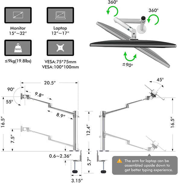 2-in-1 Adjustable Dual Arm Monitor and Laptop Mount