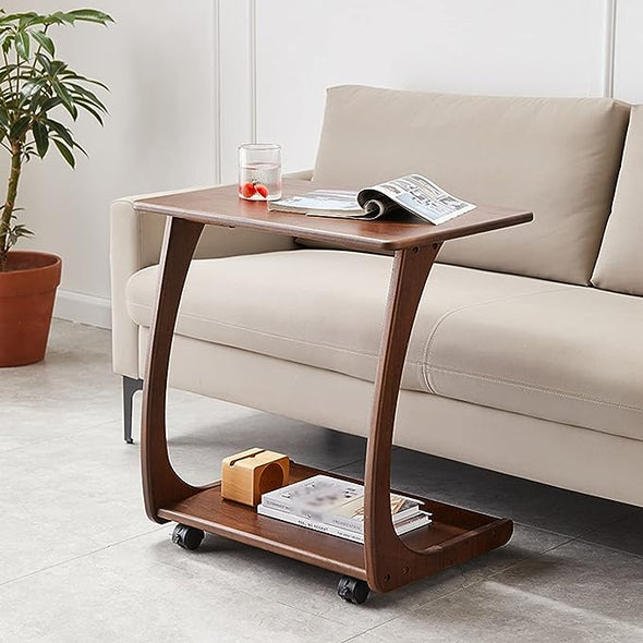 Solid Wood C-Shaped End Table with Rolling Wheels