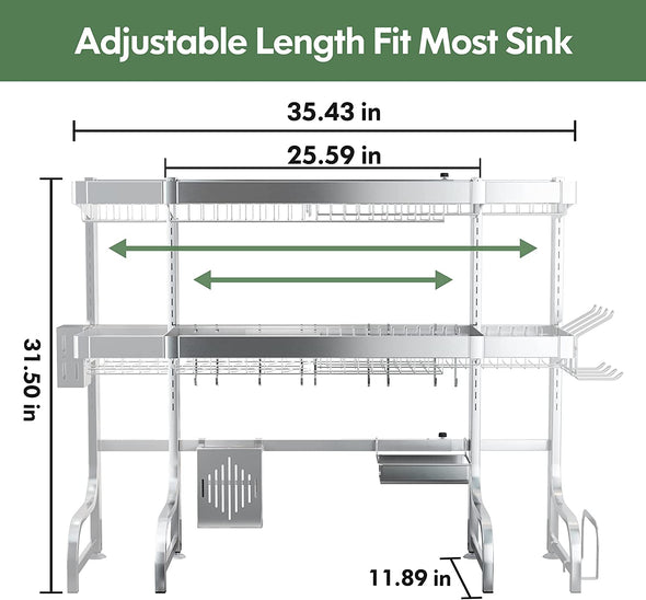 Adjustable (25.6"-35.5") Large 3 Tier Over Sink Full 304 Stainless Steel Dish Drying Rack