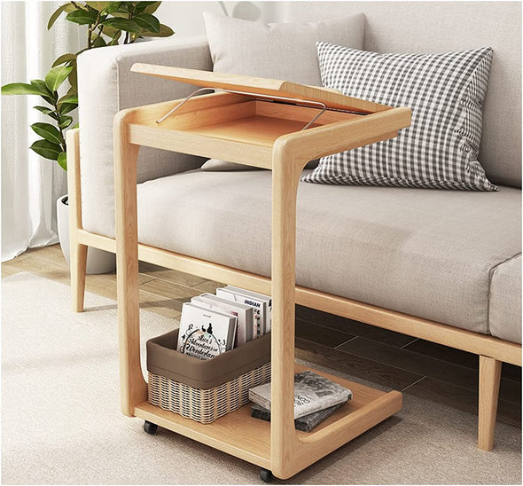 Solid Wood C-Shape Adjustable Flip End Table with Lockable Wheels