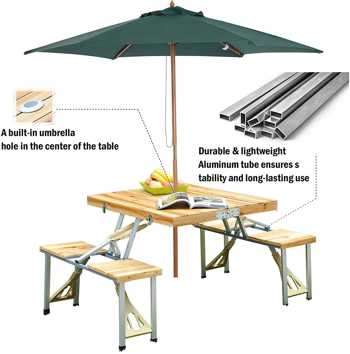 folding patio table with umbrella hole Portable Foldable Camping Picnic Table with Seats Chairs and Umbrella – EMERIT