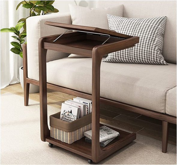 Solid Wood C-Shape Adjustable Flip End Table with Lockable Wheels