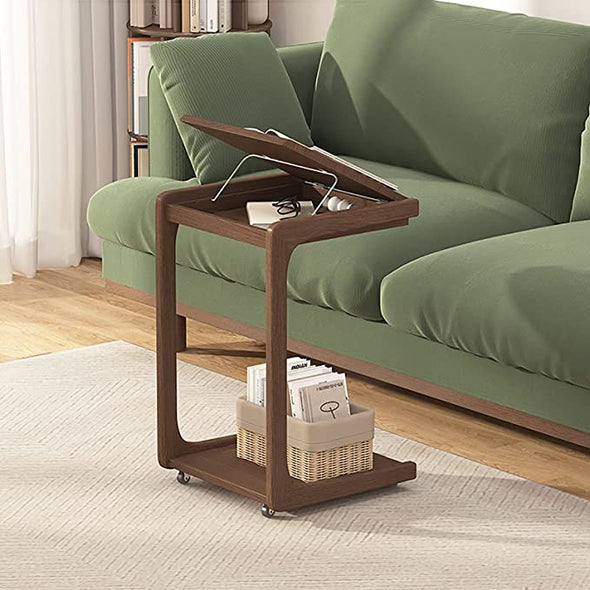 Solid Wood C-Shape Adjustable Flip End Table with Lockable Wheels