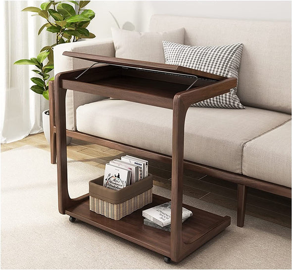 Solid Wood C-Shape Adjustable Flip End Table with Lockable Wheels