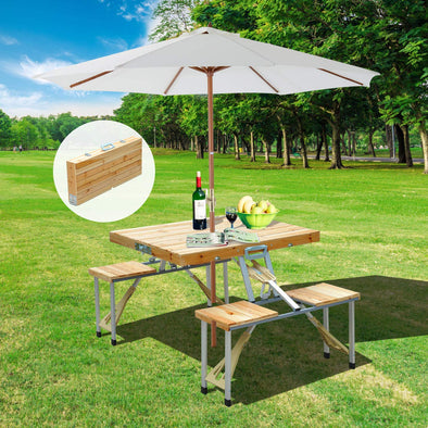 Portable Foldable Camping Picnic Table with Seats Chairs and Umbrella Hole-Wood