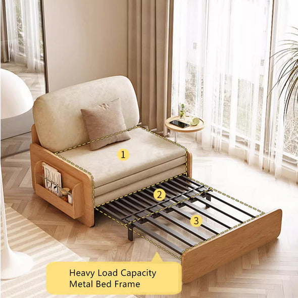 Japandi  Log Style Pull Out Sofa Bed with Rotating Armrest Tray and Storage