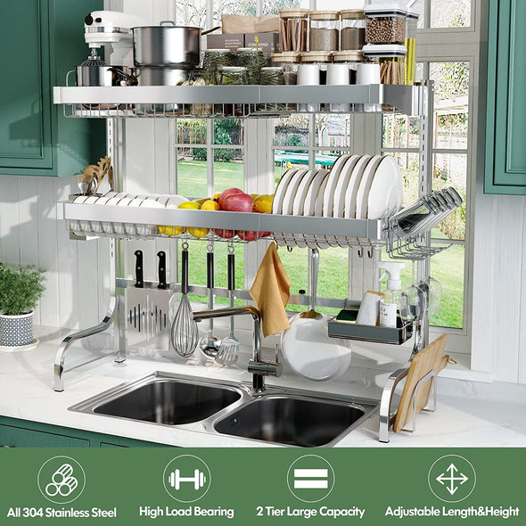 adjustable stainless steel dish drying rack over the sink