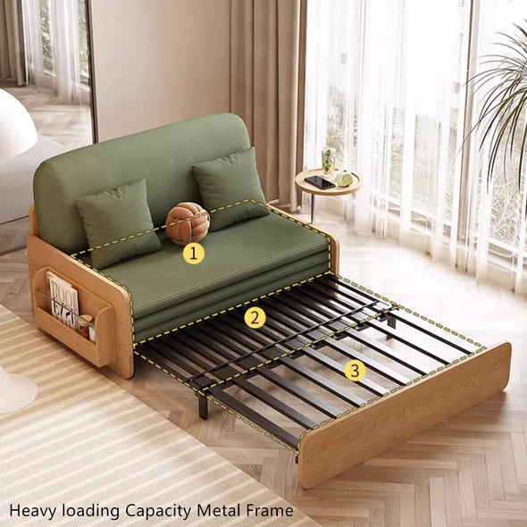 Japandi Log Style Pull Out Corduroy Fabric Sofa Bed with Rotating Armrest Tray and Storage