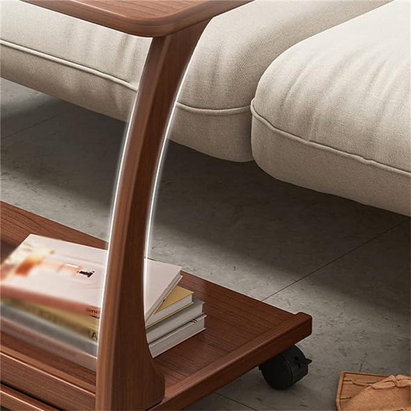 Solid Wood C-Shaped End Table with Rolling Wheels