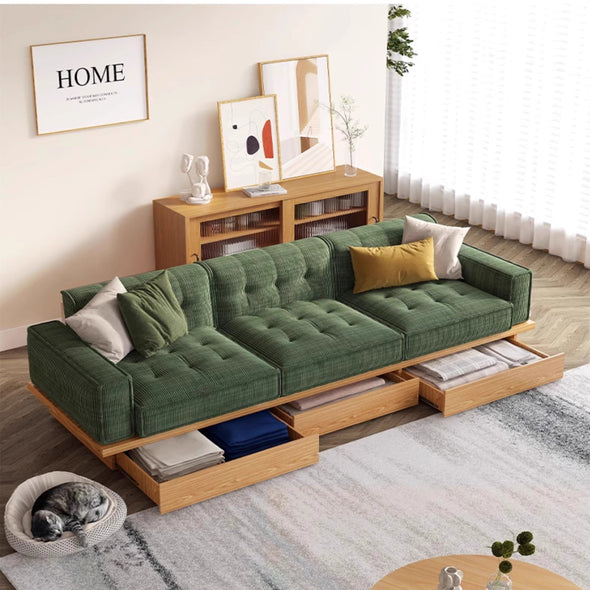 Japandi Solid Wood Frame Corduroy Fabric Sofa With Underneath Storage Drawers