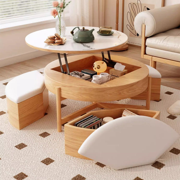 Lift Top Round Coffee Table with Storage and Ottomans