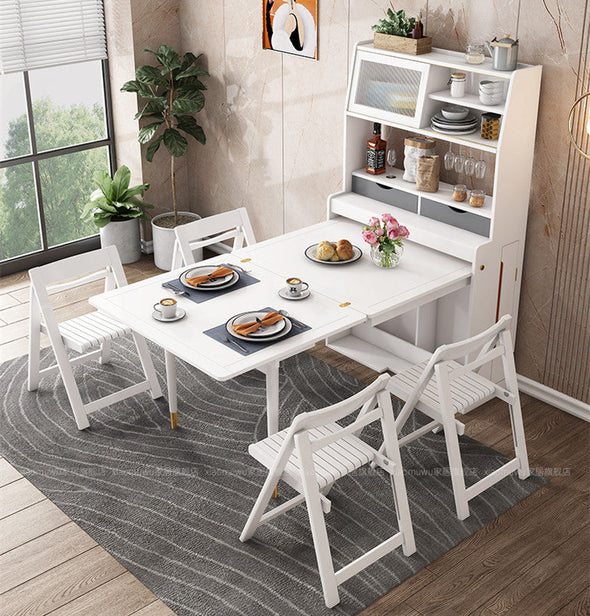 Solid Wood Folding Multifunctional Dining Table with Cabinet and Folding Chairs