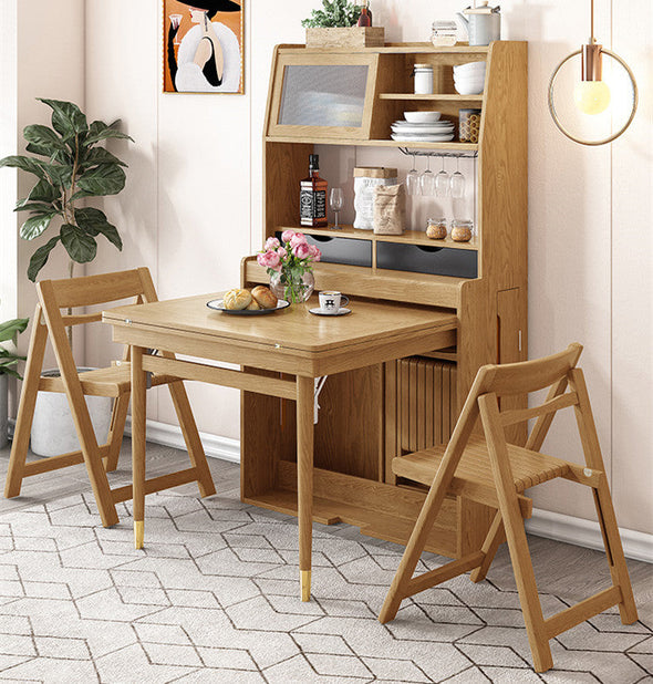 NATURAL WOOD SIDE TABLE WITH HUTCH CABINET AND CHAIRS SET