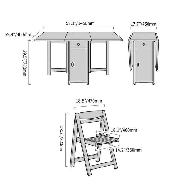 Drop Leaf Folding Dining Table With Foldable Chairs Set 5-Piece