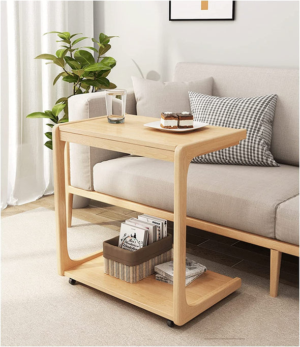 Solid Wood C-Shape Adjustable Flip End Table with Lockable Wheels