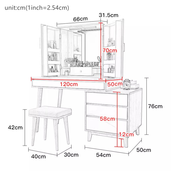 Large Vanity Table Set with Mirror and Light and Cushion Stool