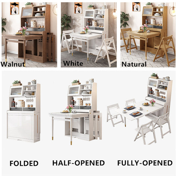 Solid Wood Folding Multifunctional Dining Table with Cabinet and Folding Chairs