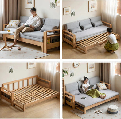 Japandi Beech Solid Wood Sleeper Sofa Bed