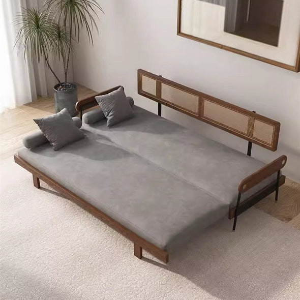 Japandi Solid Wood Minimalism Rattan Back Support Sofa Bed