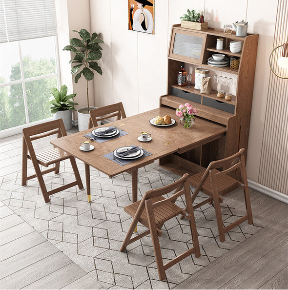 Solid Wood Folding Multifunctional Dining Table with Cabinet and Folding Chairs