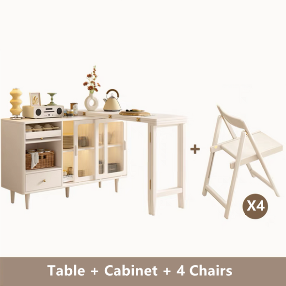 Expandable and Foldable Dining Table with Sideboard Cabinet