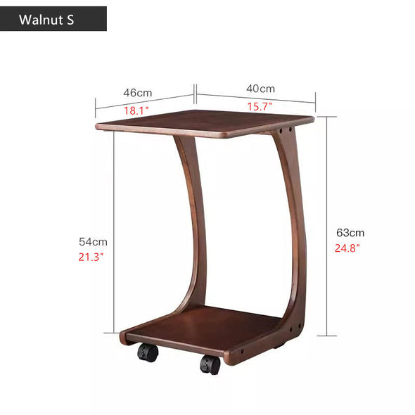 Solid Wood C-Shaped End Table with Rolling Wheels